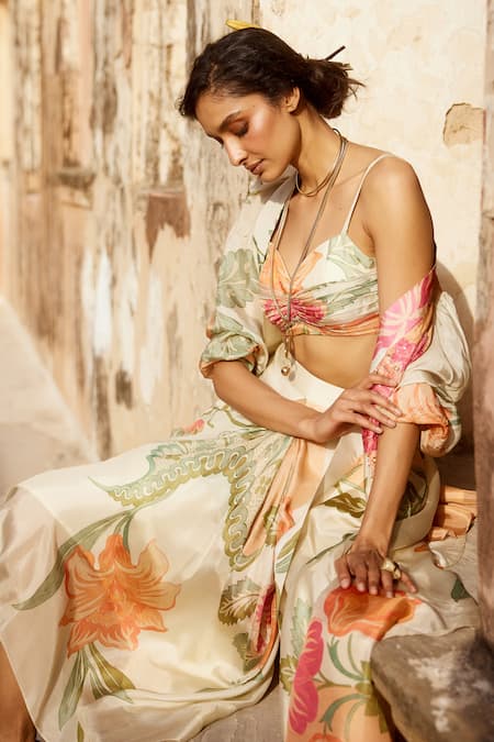 Shop_Paulmi And Harsh_Orange Hemp, Silk Sequins, Embroidery Sweetheart Floral Print Jacket Skirt Set _Online_at_Aza_Fashions