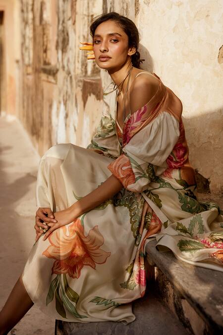 Paulmi And Harsh_Orange Hemp, Silk Sequins, Embroidery Sweetheart Floral Print Jacket Skirt Set _at_Aza_Fashions