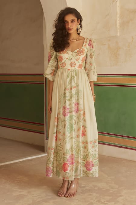 Buy_Paulmi And Harsh_Ivory Silk Sequins, Beads Sweetheart Neck Floral Print Maxi Dress _Online_at_Aza_Fashions