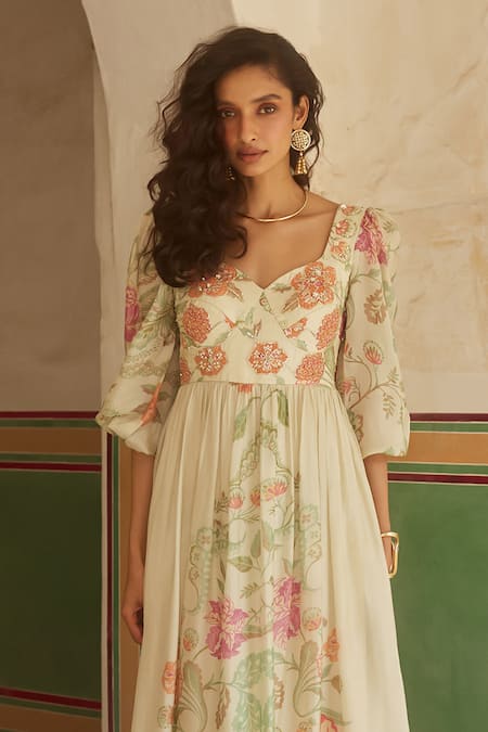 Shop_Paulmi And Harsh_Ivory Silk Sequins, Beads Sweetheart Neck Floral Print Maxi Dress _Online_at_Aza_Fashions