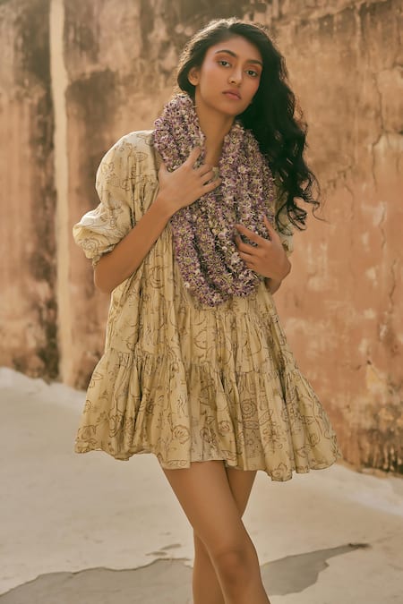 Paulmi And Harsh_Ivory Chanderi Silk Round Neck Floral Print Short Dress With Inner _Online_at_Aza_Fashions