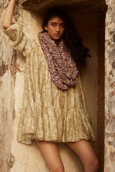 Buy_Paulmi And Harsh_Ivory Chanderi Silk Round Neck Floral Print Short Dress With Inner _Online_at_Aza_Fashions