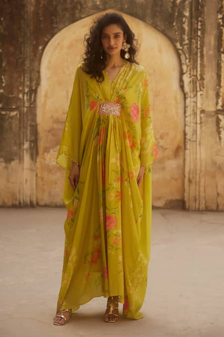 Paulmi and Harsh Yellow Kaftan Habutai Printed Floral V Neck With Inner 