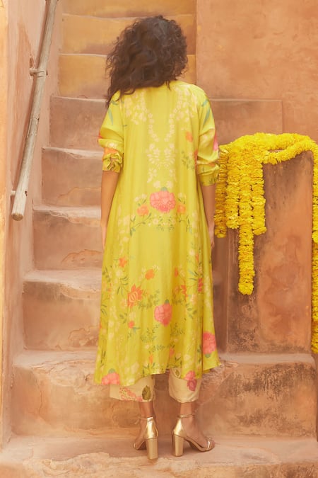 Paulmi And Harsh_Yellow Silk Sequins, Embroidery Sweetheart Floral Pattern Jacket Trouser Set _Online_at_Aza_Fashions