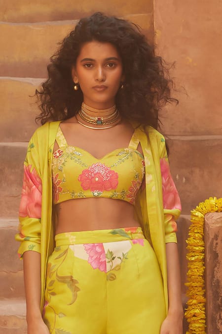 Buy_Paulmi And Harsh_Yellow Silk Sequins, Embroidery Sweetheart Floral Pattern Jacket Trouser Set _Online_at_Aza_Fashions