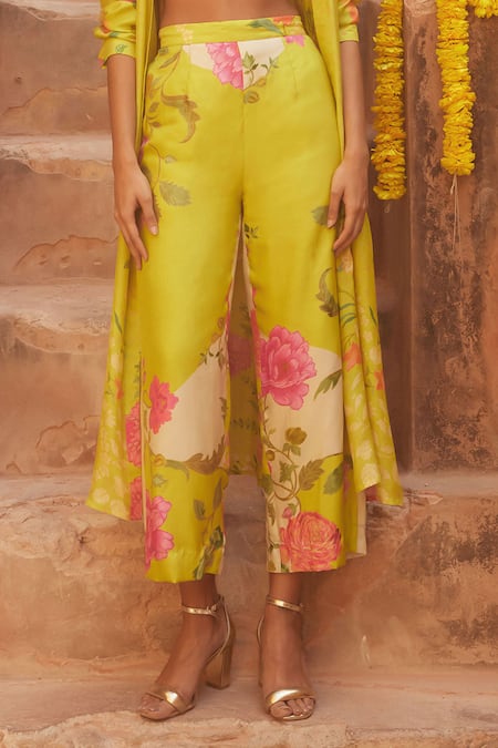 Shop_Paulmi And Harsh_Yellow Silk Sequins, Embroidery Sweetheart Floral Pattern Jacket Trouser Set _Online_at_Aza_Fashions