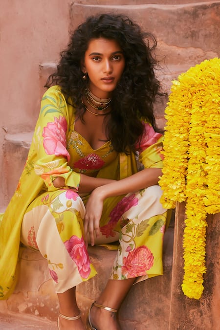Paulmi And Harsh_Yellow Silk Sequins, Embroidery Sweetheart Floral Pattern Jacket Trouser Set _at_Aza_Fashions