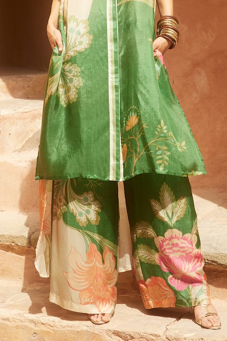 Buy_Paulmi And Harsh_Green Silk Embroidery Collared Floral Print Kurta And Pant Set _Online_at_Aza_Fashions