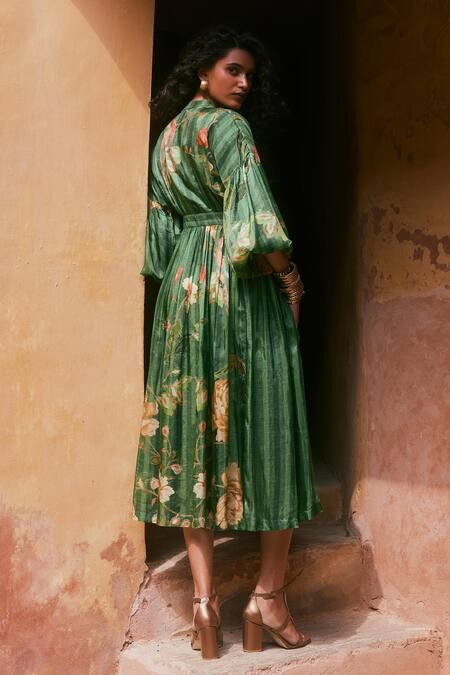 Paulmi And Harsh Green Silk Embroidery Collared Floral Print Gathered Dress Online at Aza Fashions Paulmi And Harsh_Green Silk Embroidery Collared Floral Print Gathered Dress _Online_at_Aza_Fashions