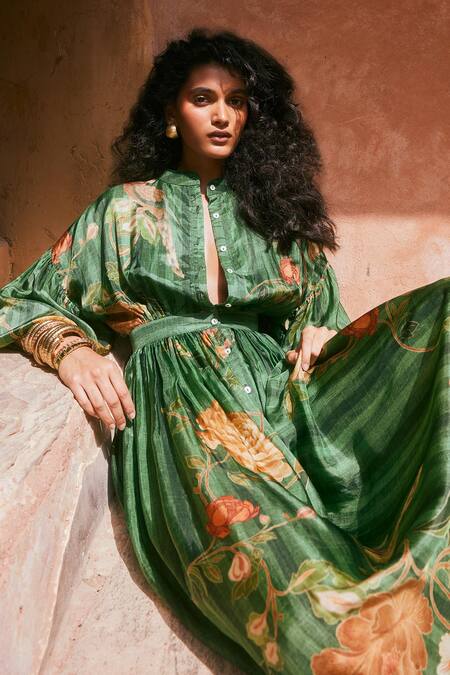 Buy Paulmi And Harsh Green Silk Embroidery Collared Floral Print Gathered Dress Online at Aza Fashions Buy_Paulmi And Harsh_Green Silk Embroidery Collared Floral Print Gathered Dress _Online_at_Aza_Fashions