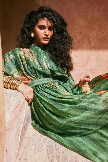 Shop Paulmi And Harsh Green Silk Embroidery Collared Floral Print Gathered Dress Online at Aza Fashions Shop_Paulmi And Harsh_Green Silk Embroidery Collared Floral Print Gathered Dress _Online_at_Aza_Fashions