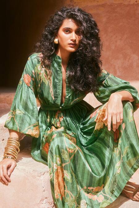 Paulmi And Harsh Green Silk Embroidery Collared Floral Print Gathered Dress at Aza Fashions Paulmi And Harsh_Green Silk Embroidery Collared Floral Print Gathered Dress _at_Aza_Fashions