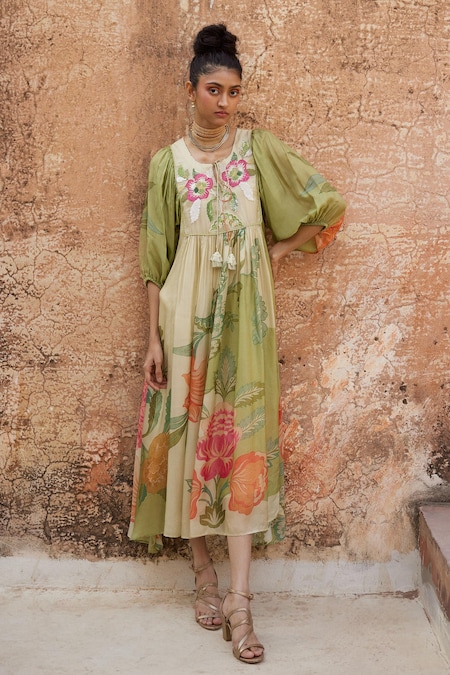 Paulmi and Harsh Green Habutai Printed Floral Tie-up Neck And Embroidered Dress 