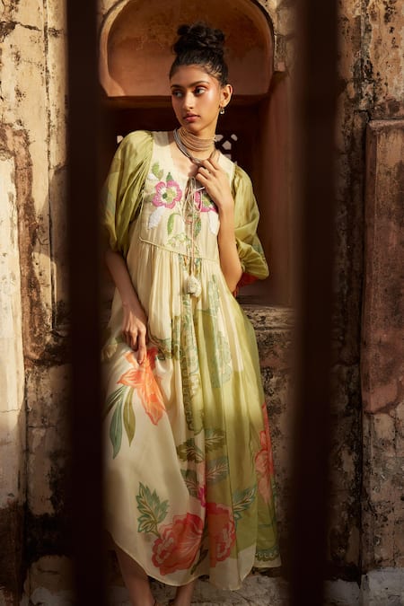 Paulmi And Harsh_Green Silk Embroidery, Sequins Open Neck Printed And Dress _Online_at_Aza_Fashions