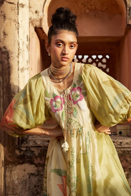Buy_Paulmi And Harsh_Green Silk Embroidery, Sequins Open Neck Printed And Dress _Online_at_Aza_Fashions