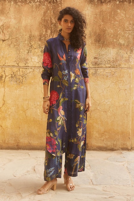 Paulmi and Harsh Blue Habutai Printed Floral Ruffled Collar Pattern Kurta And Pant Set 