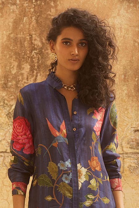 Paulmi And Harsh_Blue Hemp, Silk Embroidery Floral Pattern Kurta And Pant Set _Online_at_Aza_Fashions