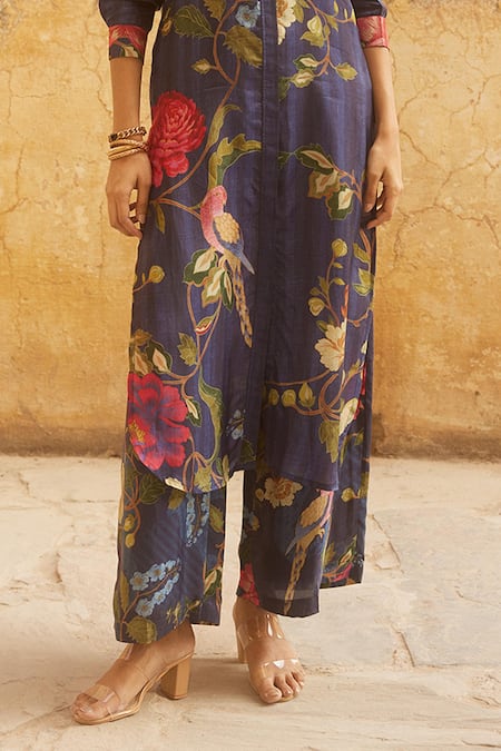 Buy_Paulmi And Harsh_Blue Hemp, Silk Embroidery Floral Pattern Kurta And Pant Set _Online_at_Aza_Fashions