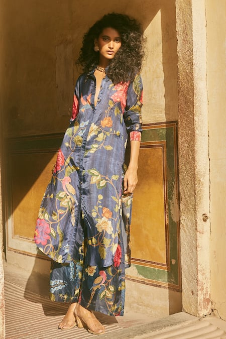 Shop_Paulmi And Harsh_Blue Hemp, Silk Embroidery Floral Pattern Kurta And Pant Set _Online_at_Aza_Fashions