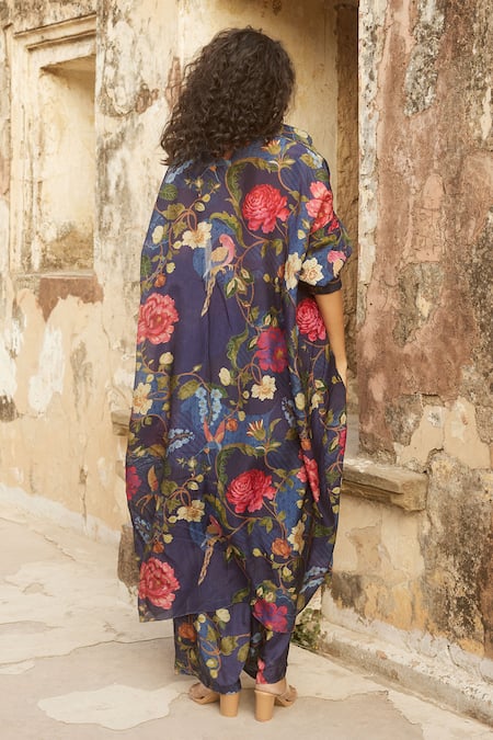 Paulmi And Harsh_Blue Hemp, Organza, Cotton Sequins, Embroidery Printed Jacket Trouser Set _Online_at_Aza_Fashions