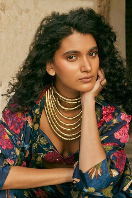 Shop_Paulmi And Harsh_Blue Hemp, Organza, Cotton Sequins, Embroidery Printed Jacket Trouser Set _Online_at_Aza_Fashions