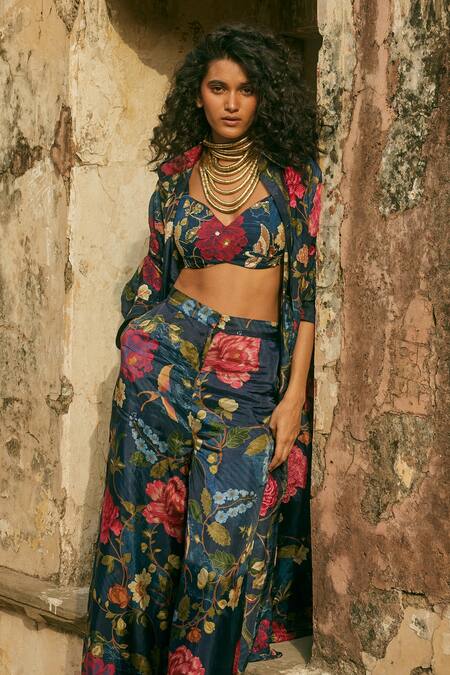 Paulmi And Harsh_Blue Hemp, Organza, Cotton Sequins, Embroidery Printed Jacket Trouser Set _at_Aza_Fashions