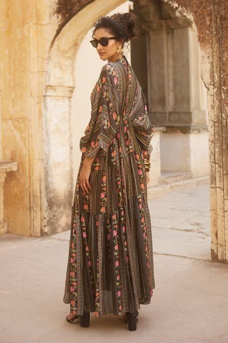 Paulmi And Harsh_Black Silk Embroidery, Sequins, Beads V-neck Floral Pattern Kaftan With Inner _Online_at_Aza_Fashions