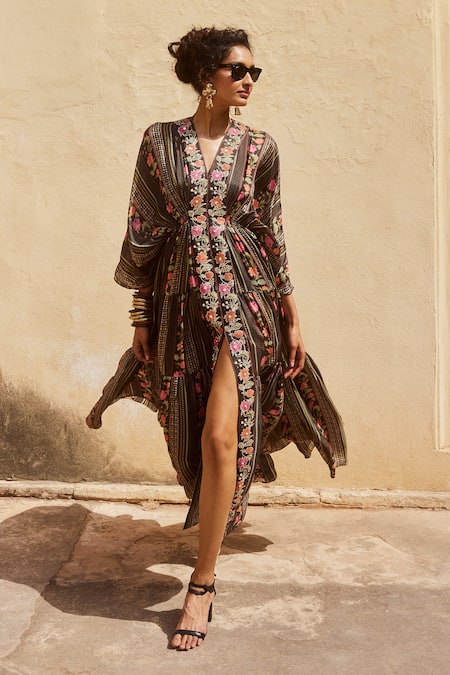 Shop_Paulmi And Harsh_Black Silk Embroidery, Sequins, Beads V-neck Floral Pattern Kaftan With Inner _Online_at_Aza_Fashions