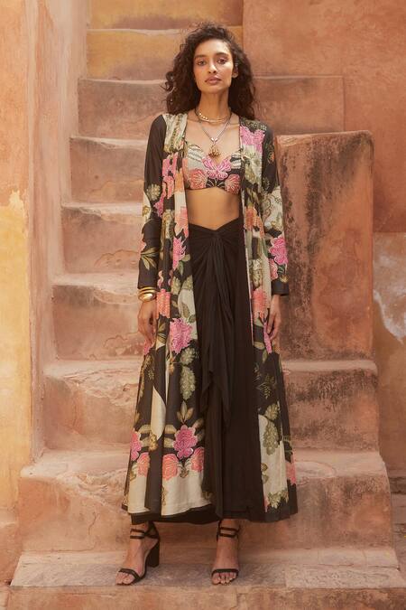 Buy_Paulmi And Harsh_Black Silk, Hemp, Crepe Sequins, Embroidery Open Floral Pattern Jacket Skirt Set _Online_at_Aza_Fashions