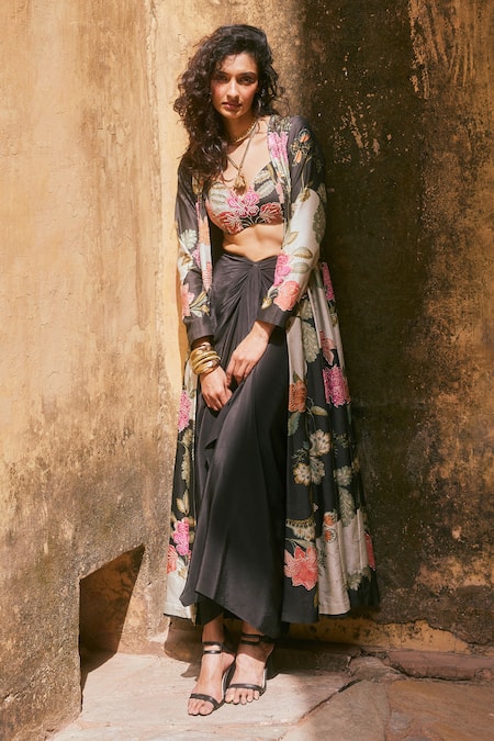 Shop_Paulmi And Harsh_Black Silk, Hemp, Crepe Sequins, Embroidery Open Floral Pattern Jacket Skirt Set _Online_at_Aza_Fashions