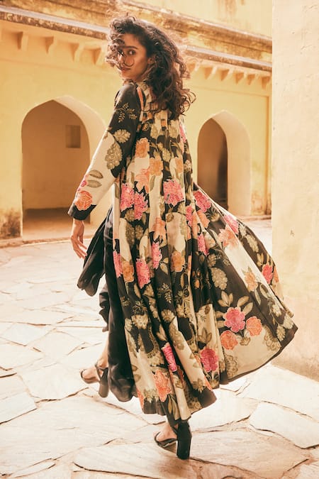 Paulmi And Harsh_Black Silk, Hemp, Crepe Sequins, Embroidery Open Floral Pattern Jacket Skirt Set _at_Aza_Fashions