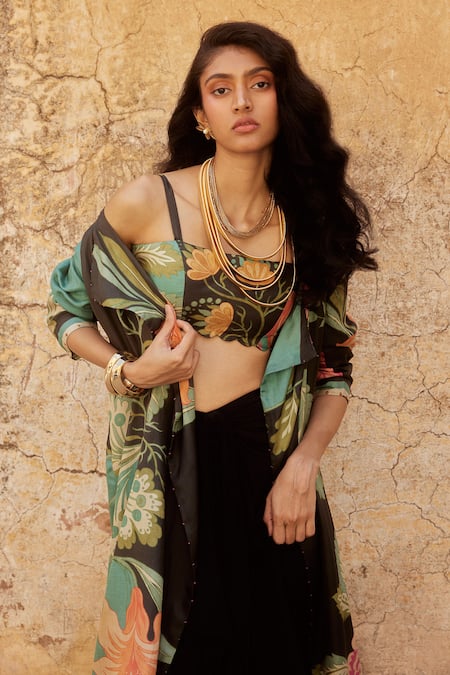 Buy_Paulmi And Harsh_Black Hemp, Silk, Crepe Beads Square Neck, Open Flower Print Jacket Skirt Set _Online_at_Aza_Fashions