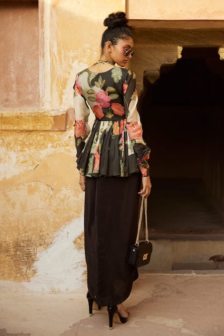 Paulmi And Harsh Floral Print Peplum Top & Skirt Set 