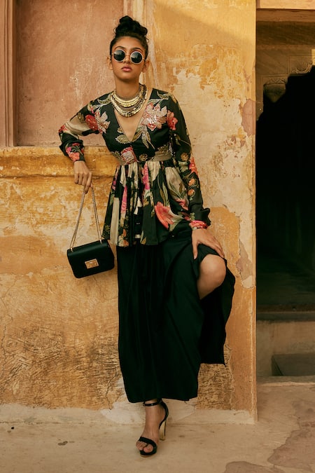 Buy_Paulmi And Harsh_Black Silk, Crepe Embroidery, Pearls V-neck Floral Print Peplum Top And Skirt Set _Online_at_Aza_Fashions