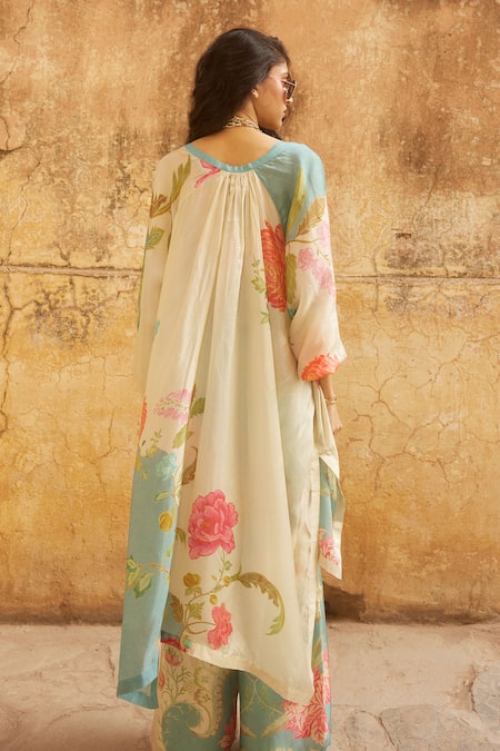 Shop_Paulmi And Harsh_Blue Silk Embroidery Bandeau Neck, Round Floral Print Shirt Kurta Trouser Set _at_Aza_Fashions