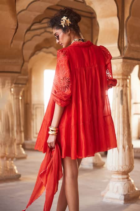 Paulmi And Harsh Embroidered Sleeve Silk Organza Dress 