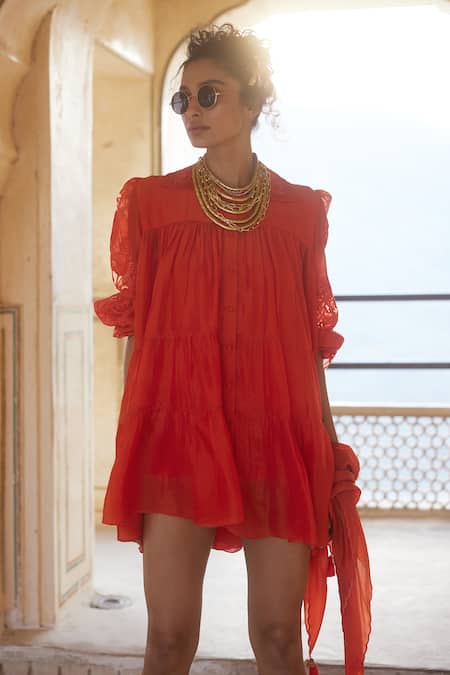 Paulmi And Harsh_Orange Silk Organza Embroidery Collared Sleeve Dress _Online_at_Aza_Fashions