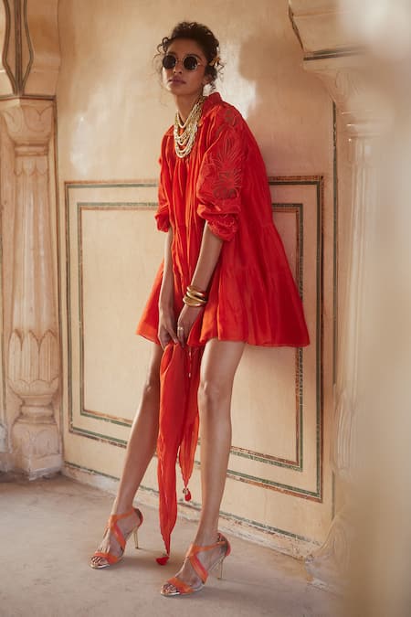Buy_Paulmi And Harsh_Orange Silk Organza Embroidery Collared Sleeve Dress _Online_at_Aza_Fashions