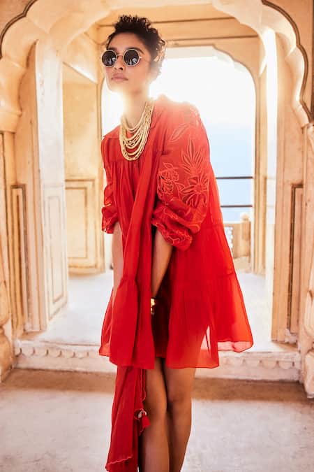 Buy_Paulmi And Harsh_Orange Silk Organza Embroidery Collared Sleeve Dress 