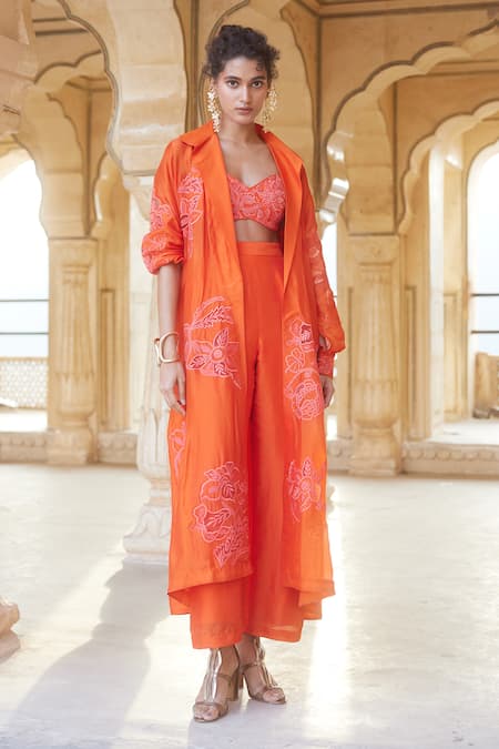 Paulmi and Harsh Orange Silk Organza Embroidery Floral Jacket Collared Neck Long Trouser Set 