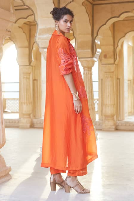 Shop Paulmi And Harsh Orange Silk Organza Embroidery Collared, Round Floral Long Jacket Trouser Set at Aza Fashions Shop_Paulmi And Harsh_Orange Silk Organza Embroidery Collared, Round Floral Long Jacket Trouser Set _at_Aza_Fashions