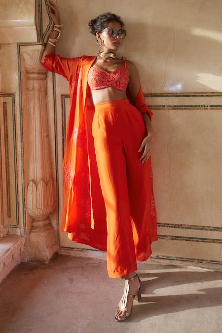 Paulmi And Harsh Orange Silk Organza Embroidery Collared, Round Floral Long Jacket Trouser Set Online at Aza Fashions Paulmi And Harsh_Orange Silk Organza Embroidery Collared, Round Floral Long Jacket Trouser Set _Online_at_Aza_Fashions