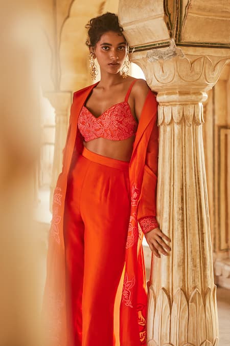 Shop Paulmi And Harsh Orange Silk Organza Embroidery Collared, Round Floral Long Jacket Trouser Set Online at Aza Fashions Shop_Paulmi And Harsh_Orange Silk Organza Embroidery Collared, Round Floral Long Jacket Trouser Set _Online_at_Aza_Fashions