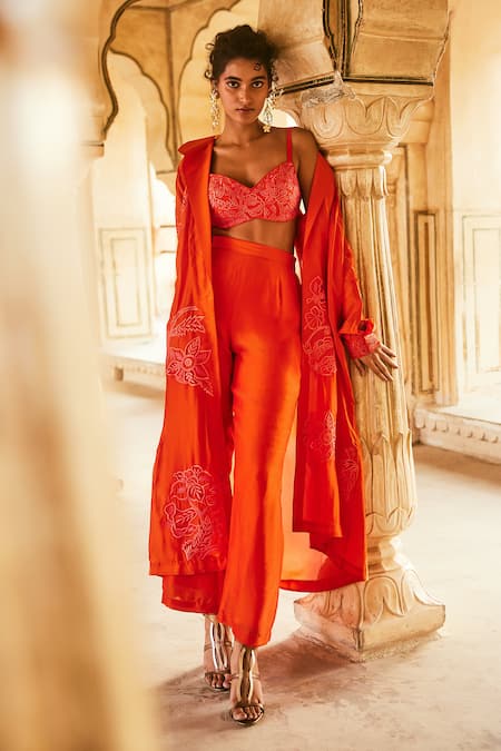 Paulmi And Harsh Orange Silk Organza Embroidery Collared, Round Floral Long Jacket Trouser Set at Aza Fashions Paulmi And Harsh_Orange Silk Organza Embroidery Collared, Round Floral Long Jacket Trouser Set _at_Aza_Fashions