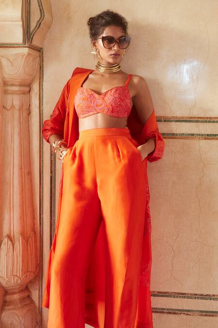 Buy Paulmi And Harsh Orange Silk Organza Embroidery Collared, Round Floral Long Jacket Trouser Set Buy_Paulmi And Harsh_Orange Silk Organza Embroidery Collared, Round Floral Long Jacket Trouser Set
