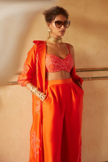 Shop Paulmi And Harsh Orange Silk Organza Embroidery Collared, Round Floral Long Jacket Trouser Set Shop_Paulmi And Harsh_Orange Silk Organza Embroidery Collared, Round Floral Long Jacket Trouser Set
