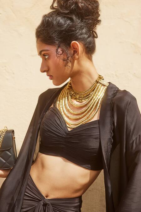 Paulmi And Harsh_Black Silk Organza Embroidery Open , Round Tonal Jacket Skirt Set _at_Aza_Fashions