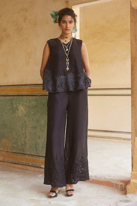 Paulmi and Harsh Black Silk Organza Embroidery Floral V Neck Tonal Cami Top With Trouser 