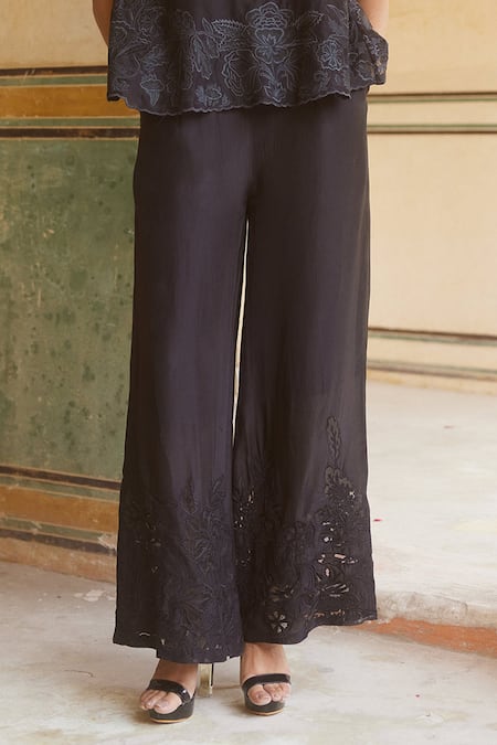 Paulmi And Harsh_Black Silk Organza Embroidery V-neck Tonal Cami Top With Trouser _Online_at_Aza_Fashions