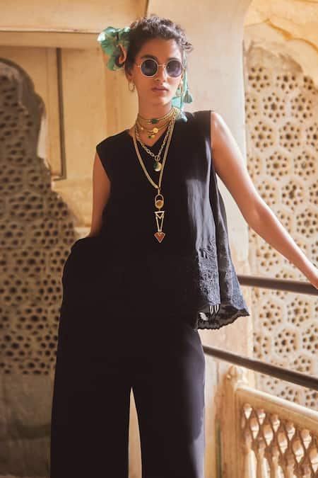 Buy_Paulmi And Harsh_Black Silk Organza Embroidery V-neck Tonal Cami Top With Trouser _Online_at_Aza_Fashions